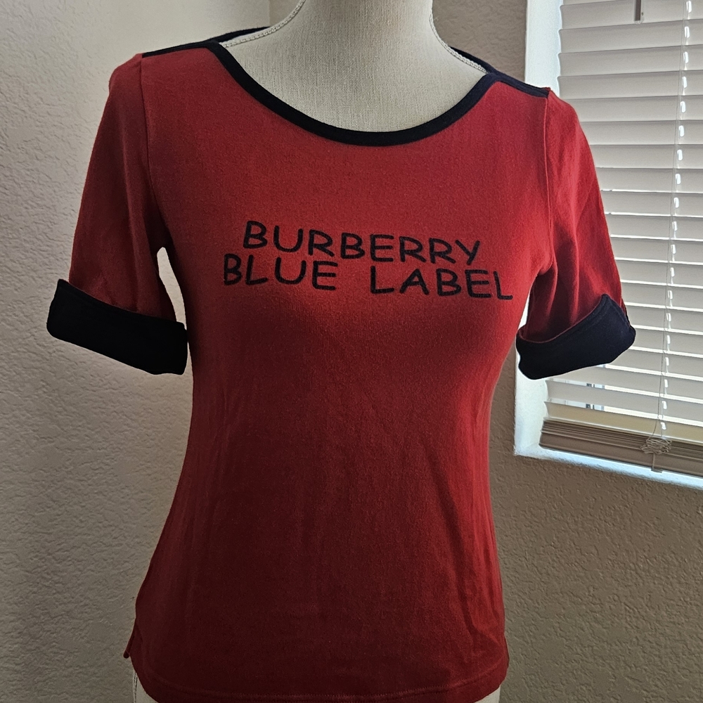 Burberry Blue Label Red and Navy Blue Short Sleeve Tee